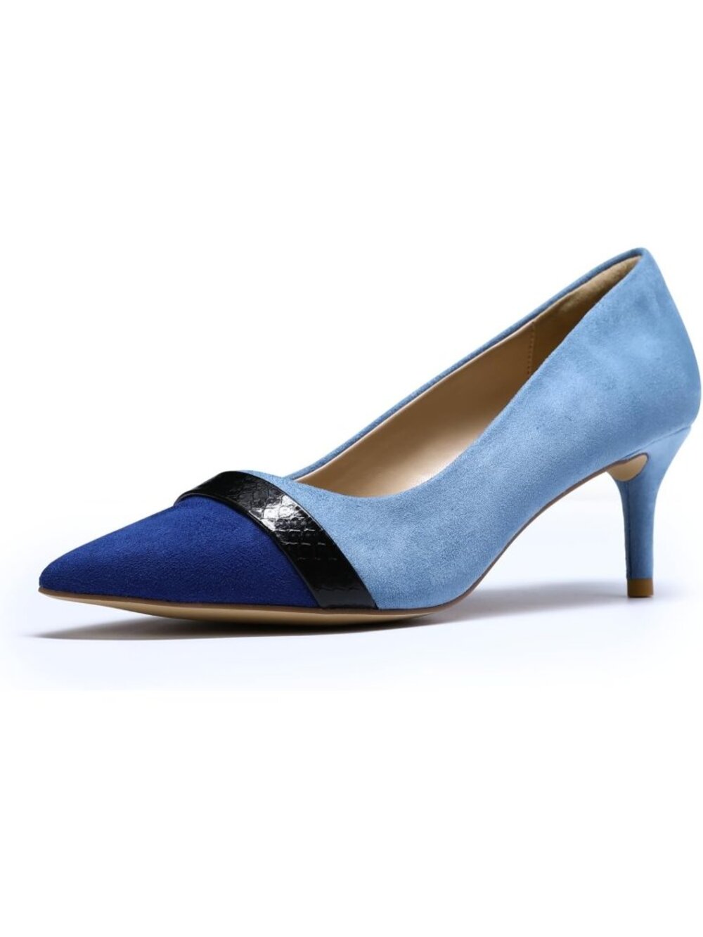 Women's Blue Pointed Toe Kitten Heels Suede Color Block Pumps Slip On Shoes